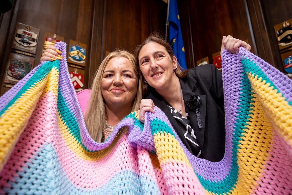 Sharon Lysaght and Fiona O’Brien, with the Building Voice Blanket, at the Mansion House in Dublin on Friday. Photograph: Tom Honan/The Irish Times
