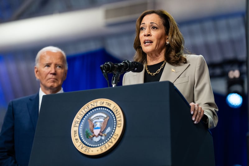 US president Joe Biden looks on as vice-president Kamala Harris, the Democratic presidential nominee, speaks during a campaign event in Largo, Maryland on Thursday. Photograph: Eric Lee/New York Times