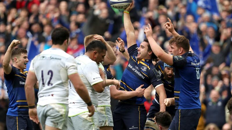 James Lowe celebrates his try against Saracens during last year’s quarter-finals. Photograph: Tommy Dickson/Inpho