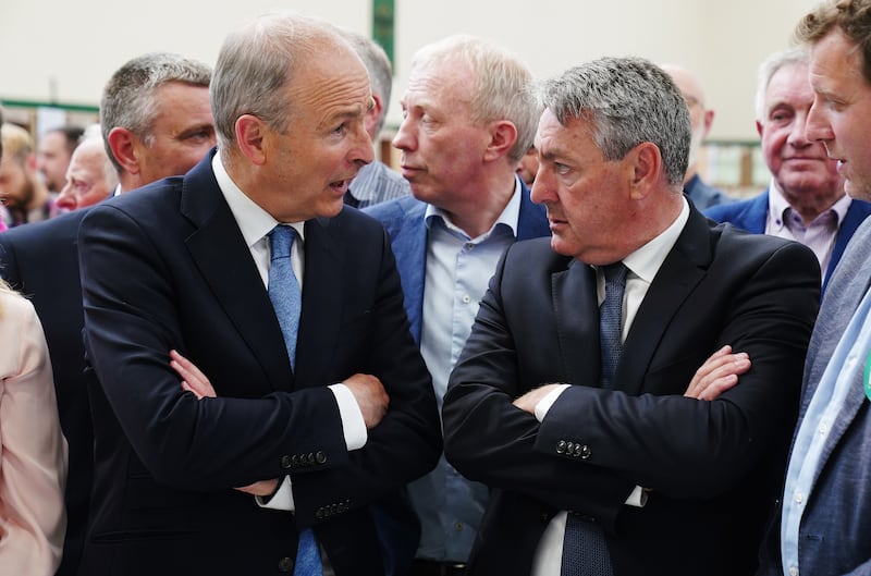 Tánaiste and Fianna Fáil leader Micheál Martin and Fianna Fáil European candidate Billy Kelleher, who was re-elected as an MEP, at the count centre at Nemo Rangers GAA Club in Cork on Thursday. Photograph: Brian Lawless/PA Wire