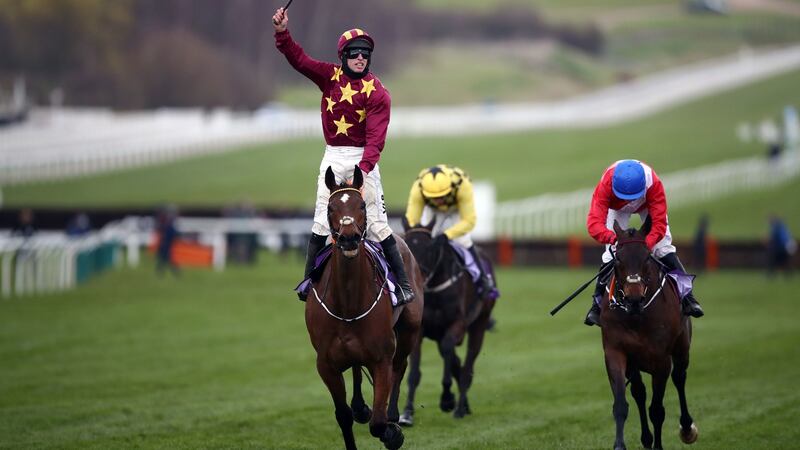 Jockey Jack Kennedy celebrates after Minella Indo’s win in the Cheltenham Gold Cup. Photograph: Tim Goode/PA Wire