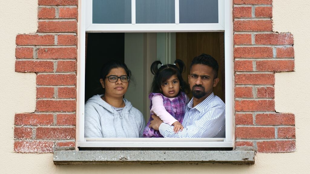 Asylum seekers Azwar and Safra Fuard from Sri Lanka with their daughter Mariyam in 2020 in the direct provision centre in Cahersiveen, Co Kerry, that was formerly the Skellig Star hotel. Photograph: Fran Veale/Irish Daily Mail