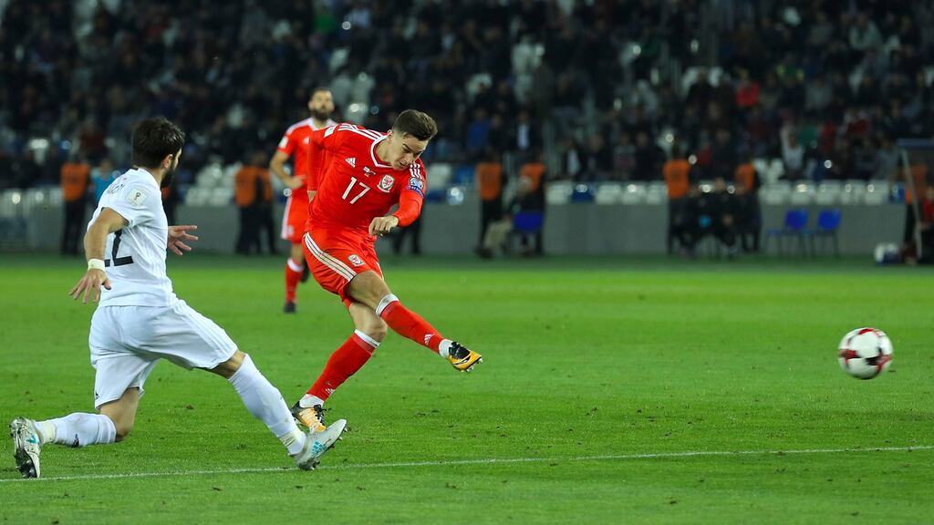 Wales’ Tom Lawrence scores his side’s goal in the World Cup qualifier against Georgia at the Boris Paichadze Dinamo Arena in Tbilisi. Photograph: Tim Goode/PA Wire