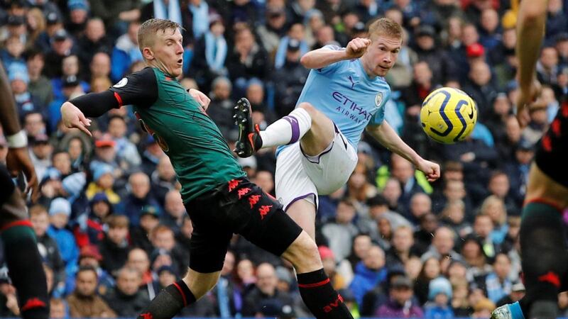 Kevin De Bruyne scored Manchester City’s second against Aston Villa. Photograph: Phil Noble/Reuters