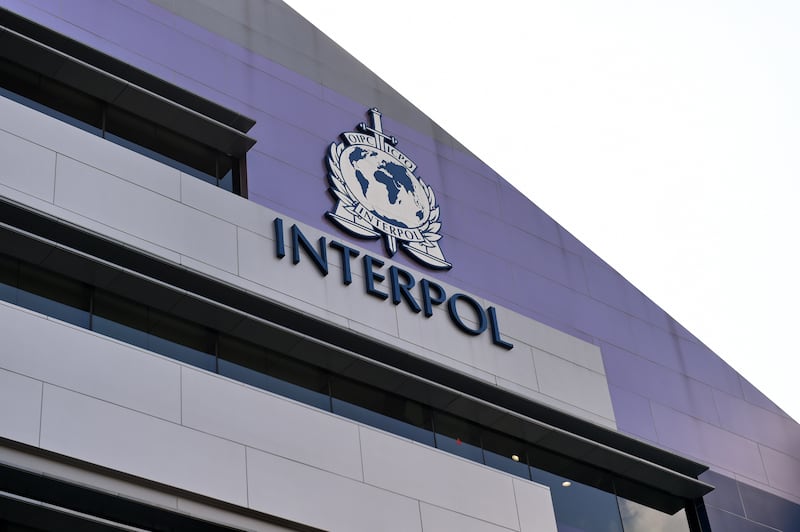 A logo at Interpol's Global Complex for Innovation building in Singapore, which aims to strengthen global efforts to fight increasingly tech-savvy international criminals. Photograph: Roslan Rahman/AFP via Getty Images