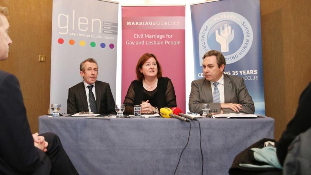 Campaign Groups Respond to the Government decision on the same-sex marriage referendum. From left: Kieran Rose, chairman of the Gay and Lesbian Network; Gráinne Healy, chairwoman of Marriage Equality; and Mark Kelly, director of the Irish Council for Civil Liberties. Photograph: Sasko Lazarov/Photocall