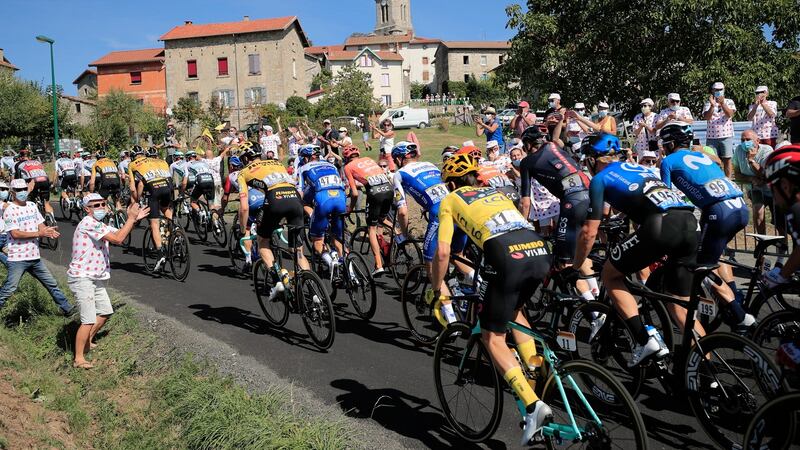 The peloton is on the way during the 14th stage of the Tour de France from Clermont-Ferrand to Lyons. Photograph: Christophe Petit Tesson/EPA