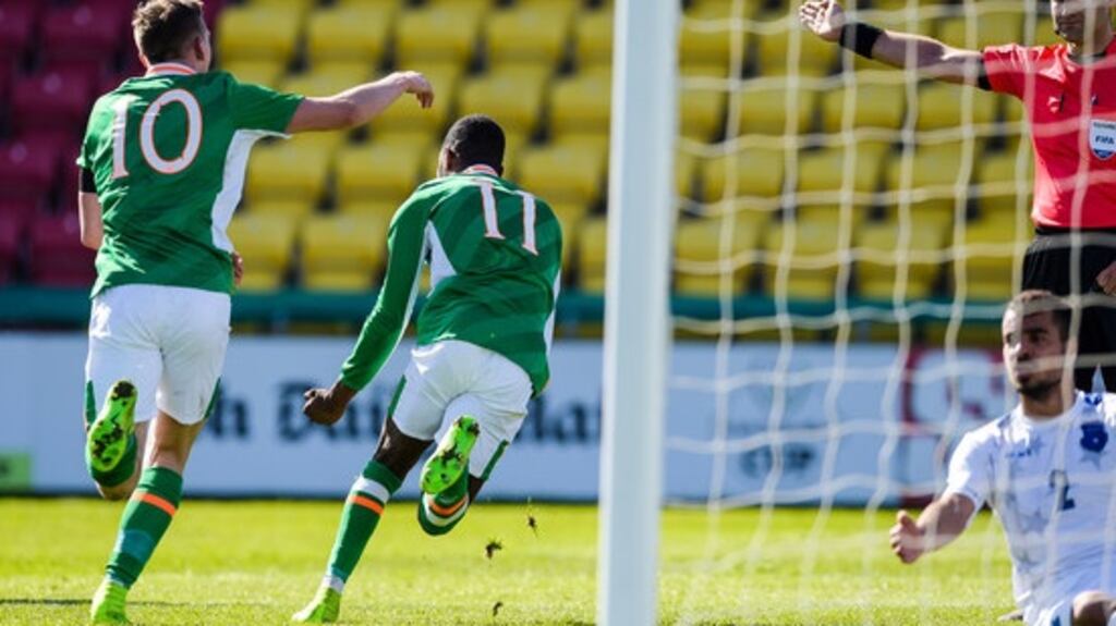 Olamide Shodipo celebrates his winner for Ireland Under-21s against Kosovo. Photograph: Tom Beary/Inpho