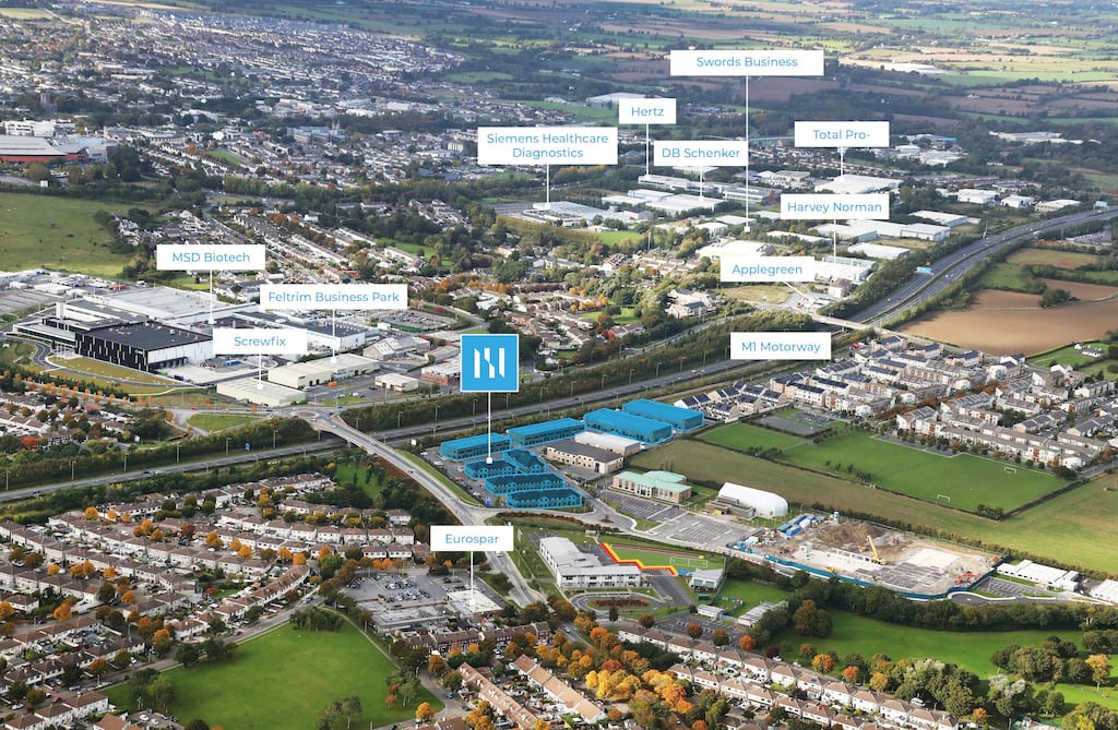 An aerial view of Swords Enterprise Park shows its location immediately adjacent to the M1 motorway in Dublin