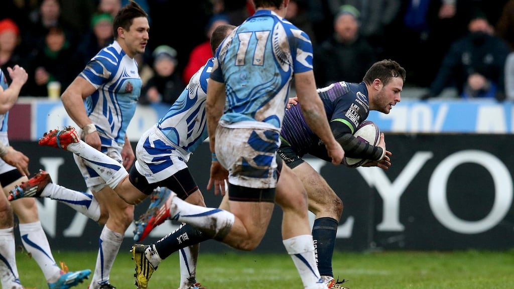 Connacht’s Robbie Henshaw goes over for a try in the  Challenge Cup game against Enisei-STM at the Sportsground in Galway. Photograph: Ryan Byrne/Inpho