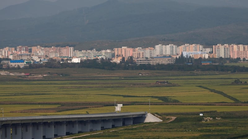 A general view shows the North Korean end of the unfinished New Yalu River bridge that was designed to connect China’s Dandong New Zone, Liaoning province, and North Korea’s Sinuiju on Sunday. Photograph: Reuters