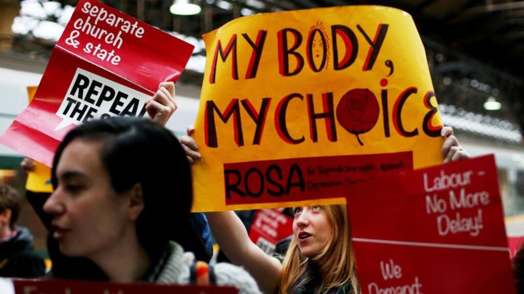 Pro-choice activists at Connolly station, Dublin, after they took a train from Dublin to Belfast to bring back abortion pills unavailable in the Republic. Photograph: Brian Lawless/PA