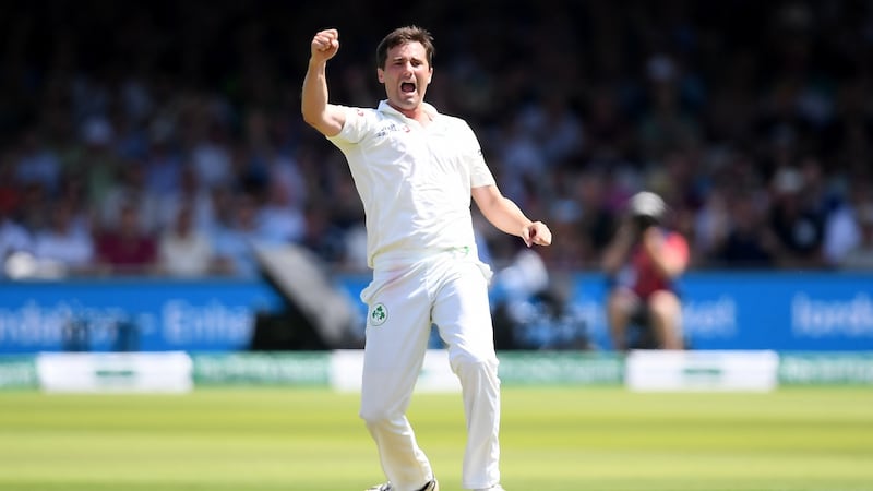 Tim Murtagh of Ireland celebrates the wicket of Chris Woakes. Photograph: Alex Davidson/Inpho