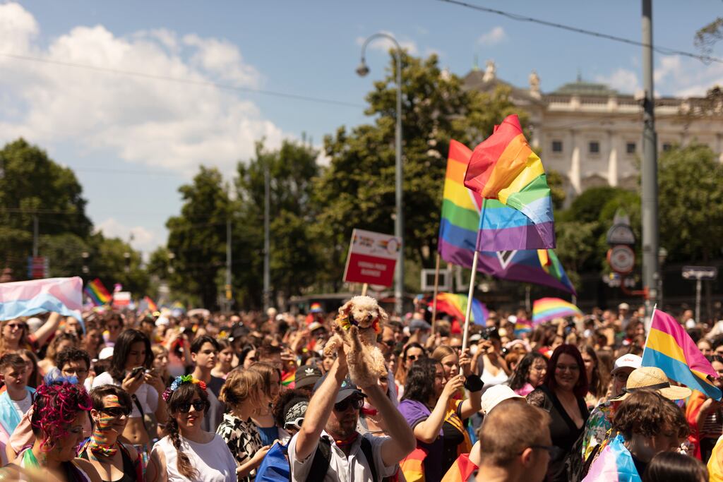 Saturday’s Pride parade was attended by about 300,000 people, Austrian public broadcaster ORF reported. Photograph: Theresa Wey/AP