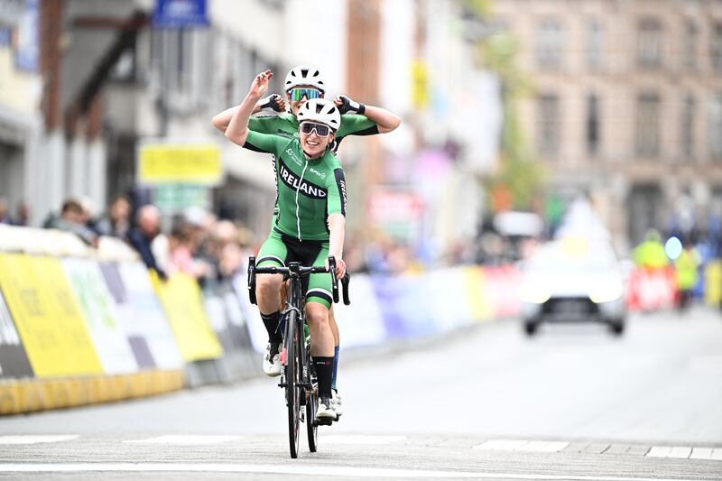 Ireland Katie-George Dunlevy and pilot Linda Kelly (WB) celebrate. Photograph: Jasper Jacobs/Belga Mag/AFP via Getty