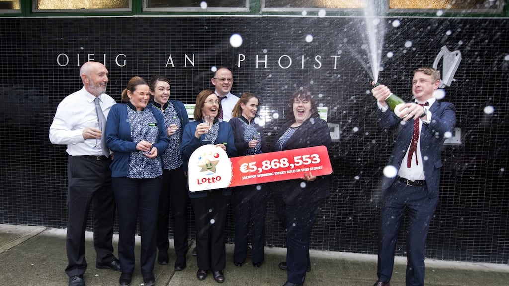 Staff at the GPO in Limerick celebrating the Lotto win. Roger Mc Mahon, manager, with Audrey Downes, Aileen Sheehan, Rose Leahy, Eamon Leen and Lisa O’Donnell with Mary Grace and Fran Whearty both from the National Lottery. Photograph: Liam Burke/Mac Innes Photography