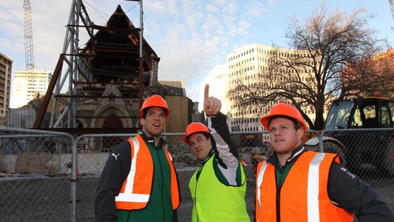 Christchurch was devastated by two earthquakes in 2010 and 2011. Pictured are Irish rugby players Donncha O’Callaghan, Declan Fitzpatrick and Sean Cronin, surveying the damage during a visit to the city in 2012. Photograph: Billy Stickland/Inpho