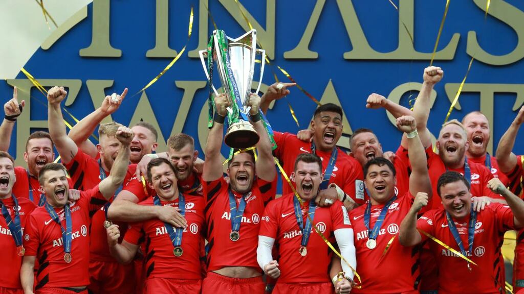 Saracens celebrate their Champions Cup victory over Leinster. Photograph: David Rogers/Getty