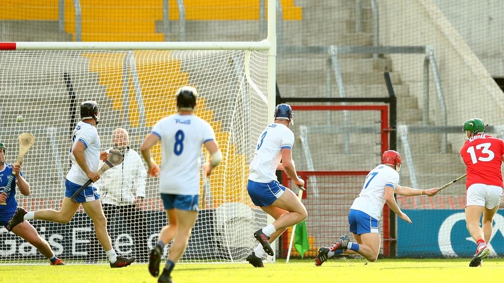 Alan Cadogan scores Cork’s second goal against Waterford. Photograph: James Crombie/Inpho