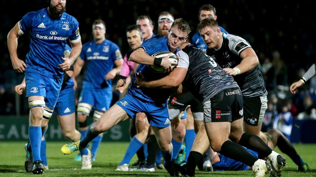 Leinster’s Nick McCarthy scores a try during the Guinness Pro 14 game against the Ospreys  at the   RDS. Photograph: Tommy Dickson/Inpho