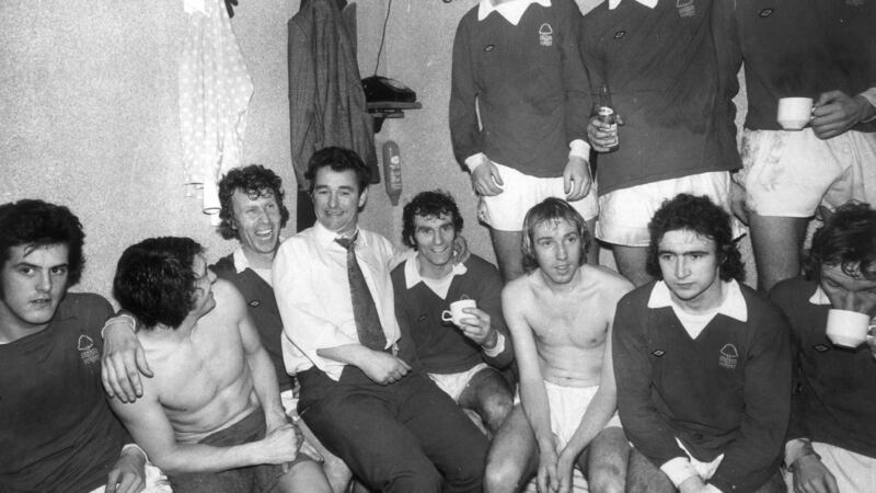 Nottingham Forest manager Brian Clough in the dressing room in 1975 with members of his team, amongst them current Forest manager Martin O’Neill (front row, second from right). Photograph: Evening Standard/Getty Images