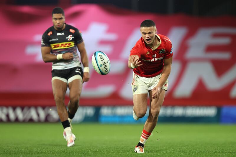 Munster's Shay McCarthy spills the ball during the United Rugby Championship clash with the Stormers. Photograph: Bryan Keane/Inpho