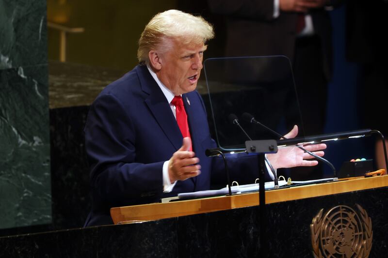 US president Donald Trump speaks during the 80th session of the UN’s General Assembly in New York City on Monday. Photograph: Spencer Platt/Getty Images