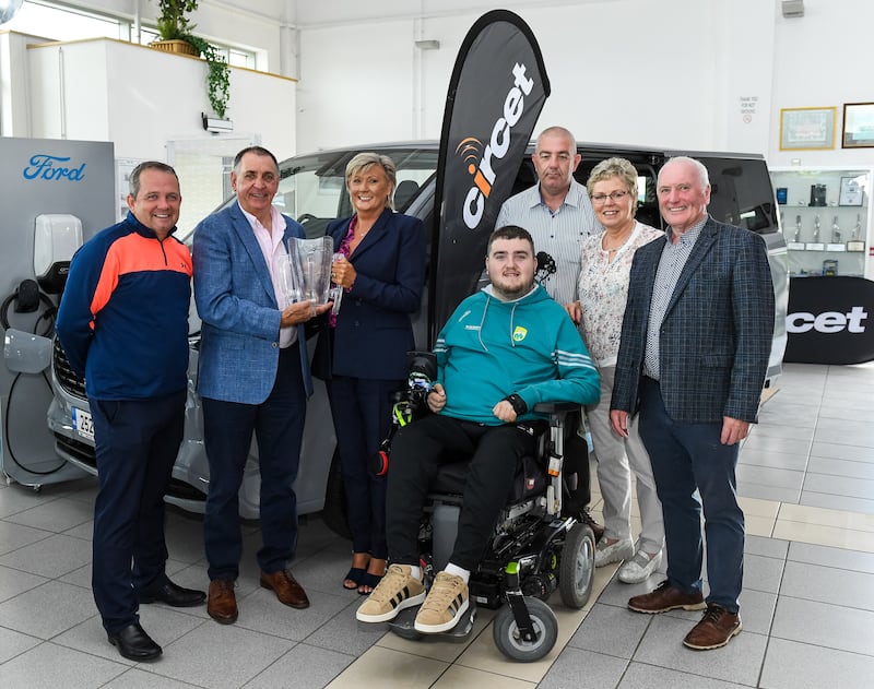 Ian O'Connell received a modified Ford at the launch of the annual Circet All-Ireland GAA Golf Challenge in Michael Lyng Motors, Kilkenny. Also pictured are Antrim hurling manager Davy Fitzgerald, Liam Daniels, Vanessa Cunningham of Circet, Michael O'Connell, Rose Murphy and Michael Lyng. Photograph: Matt Browne/Sportsfile