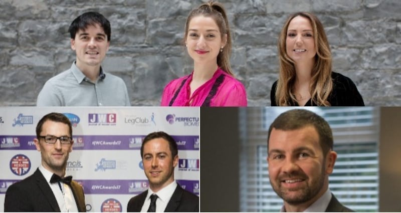 Tech (clockwise from bottom left): Simon Kiersey and Chris Murphy of Bluedrop Medical; Aonghus Shortt of FoodMarble, Jane Ronayne of KonnectAgain/Talinvest and Nikki Lannen of War Ducks; and Jason McKeown of Neurovalens.