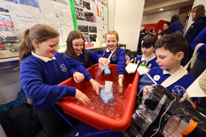 Kate, Ruby, Lilly, Kamil and Jacob from Scoil Naomh Bríd Ballyconnell, Co Cavan demonstrate their boat knowledge. Photograph: Dara Mac Dónaill
Photograph: Dara Mac Donaill / The Irish Times