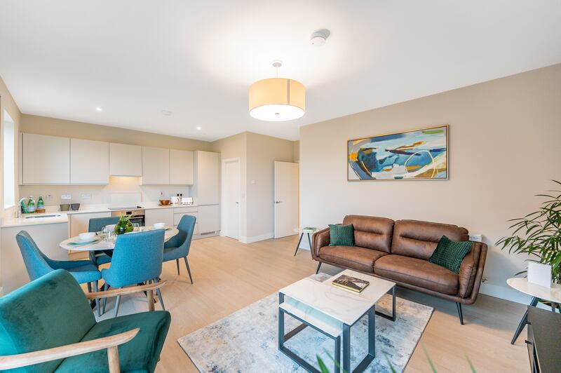 Living area and kitchen in a two-bed apartment