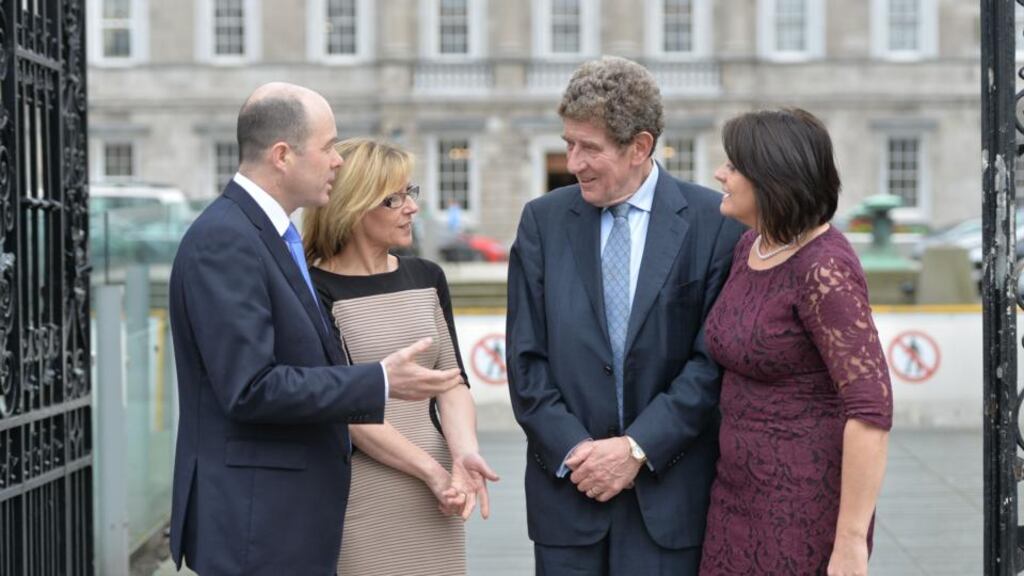 Denis Naughten TD, Hand in Hand development officer Jennifer Carpenter, Hand in Hand director Dr Michael Coughlan Diretor  and Senator  Fidelma Healy Eames outside Leinster House.  Photograph: Alan Betson/The Irish Times