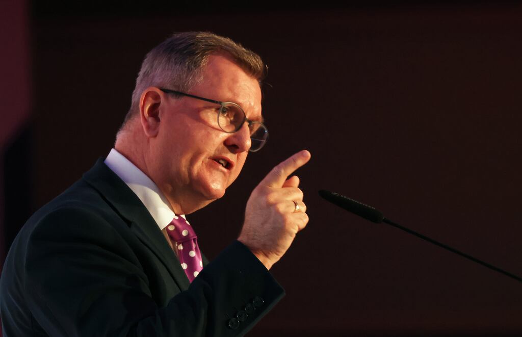 DUP party leader Jeffrey Donaldson speaking at the party conference at the Ramada Hotel in Belfast on Saturday. Photograph: PA