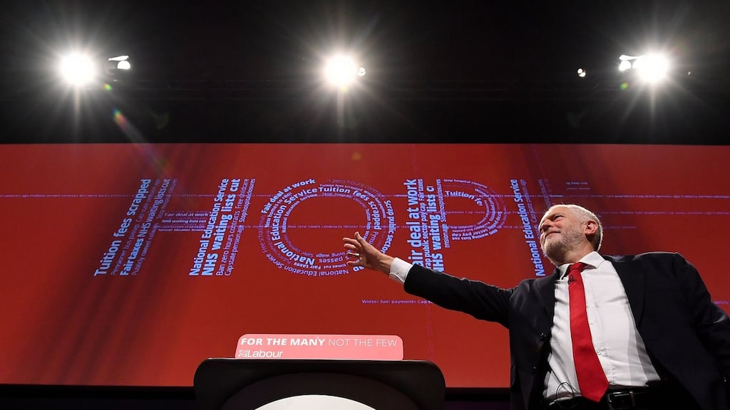 Britain’s  opposition Labour party leader Jeremy Corbyn acknowledges  applause  after a speech on the final day of the Labour  conference in Brighton, September 27th, 2017. Photograph: Ben Stansall/AFP/Getty Images