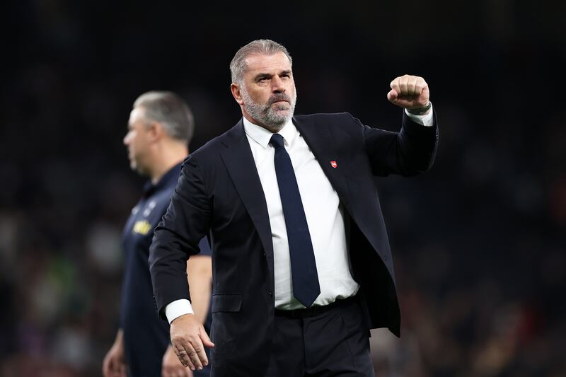 Ange Postecoglou celebrates Tottenham's dramatic late victory over Liverpool at Tottenham Hotspur Stadium. Photograph: Ryan Pierse/Getty Images