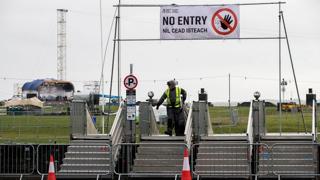 Construction workers dismantling steps at Galway’s South Park after organisers of the opening ceremony to mark Galway’s year as European Capital of Culture has cancelled the ceremony due to bad weather  on Saturday. Photograph: Liam McBurney/PA Wire