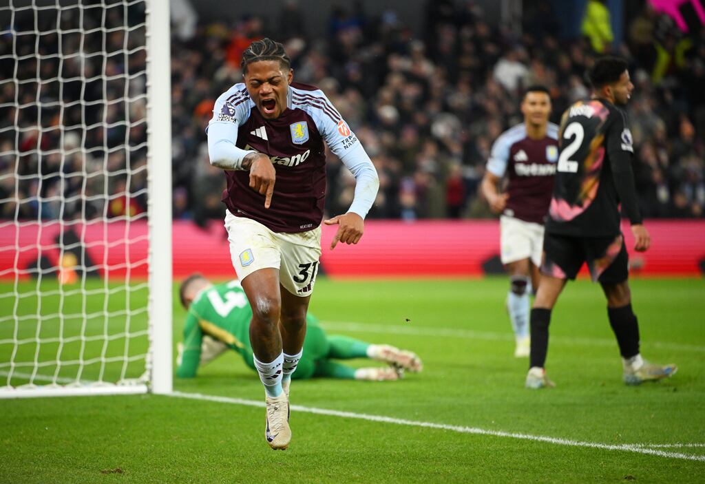 Leon Bailey celebrates after scoring Aston Villa second goal against Leicester City at Villa Park. Photograph: Clive Mason/Getty Images