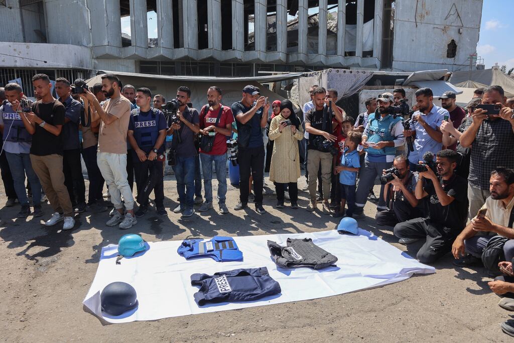 Demonstrators gather in solidarity with journalists killed by Israeli strikes during a protest organised by the Gaza Journalists Syndicate in Gaza City last week. Five journalists were among at least 20 people killed when Israeli strikes hit a hospital in Gaza last Monday. Photograph: Omar Al-Qattaa/AFP/Getty