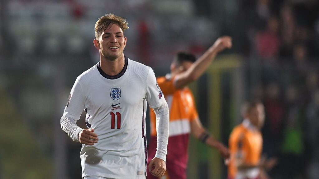 Emile Smith Rowe scored England’s seventh goal on his international debut. Photograph: Alessandro Sabattini/Getty