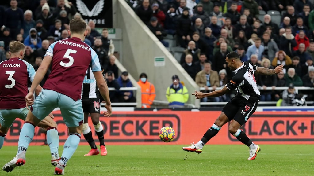 Callum Wilson scores Newcastle United’s goal during the Premier League match against Burnley at St James’ Park. Photograph: Ian MacNicol/Getty Images