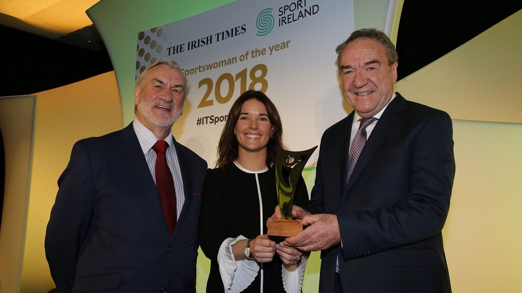 Katie Walsh with Kieran Mulvey (Chairman of Sport Ireland) and Malachy Logan (Irish Times Sports Editor) at the Sportswoman of the Year awards. Walsh was a winner for the month of March. Photograph Nick Bradshaw