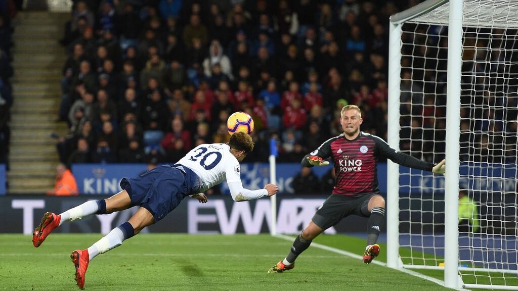 Dele Alli scores Tottenham’s second against Leicester City.Photograph: Oli Scarff/AFP