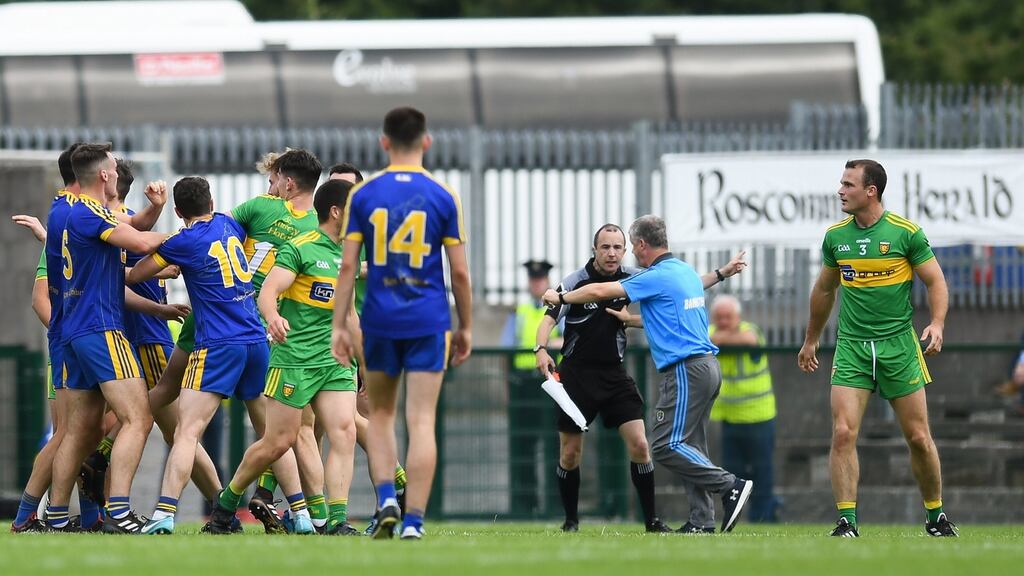 Roscommon manager Kevin McStay remonstrates with Niall Cullen during the Super 8s match against Donegal at Hyde Park. Photograph: David Fitzgerald/Sportsfile via Getty Images