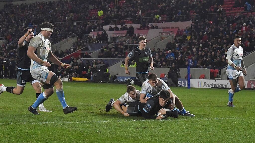 Glasgow Warriors’ Sam Johnson scores a try for his team against  Sale. Photo credit: Dave Howarth/PA Wire.