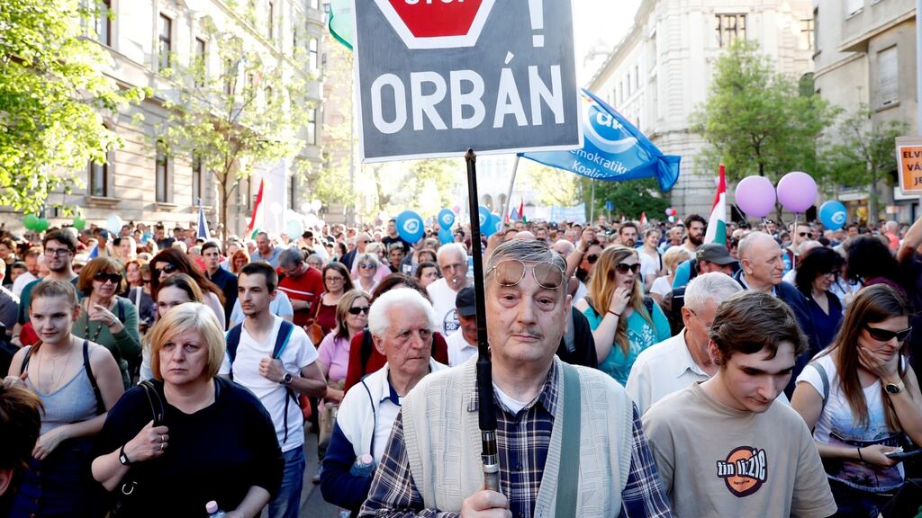 People attend a protest against the government of prime minister Viktor Orban in Budapest, Hungary, last month. Photograph: Bernadett Szabo/Reuters