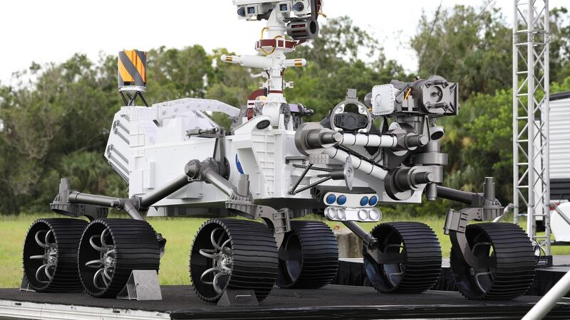 A full size model of the Perseverance rover on display at Cape Canaveral Air Force Station in Florida on Tuesday. Photograph: Getty Images