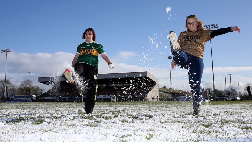 Kerry fans Marion O’Sullivan and Trish Lacey on the Inniskeen pitch after the Allianz Football League Division One match between Monaghan and Kerry was called off last Sunday. Photograph: John McVitty/Inpho