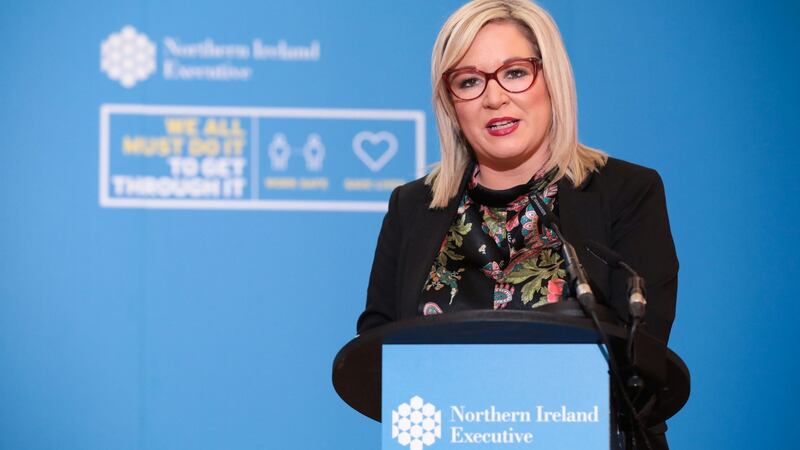 Deputy First Minister Michelle O’Neill during a press conference at Stormont: Michelle believes being a mother has helped in her political role. Photograph: Kelvin Boyes/Press Eye/PA