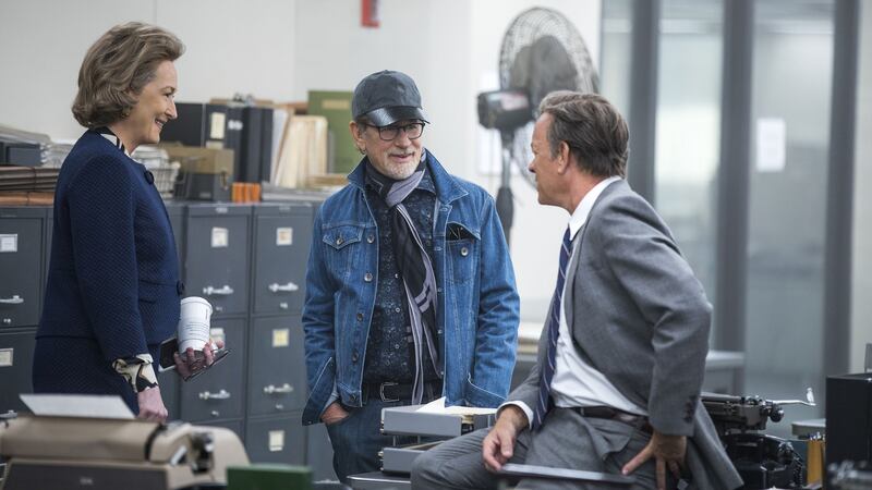 Meryl Streep, Steven Spielberg and Tom Hanks on the set of The Post. The film’s story of Nixon attacking the media has parallels today, except, says Spielberg, “Nixon didn’t have a Twitter account.” Photograph: Niko Tavernise/20th Century Fox