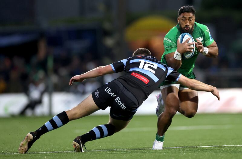 Cardiff’s Max Llewellyn and Bundee Aki of Connacht. Photograph: James Crombie/Inpho